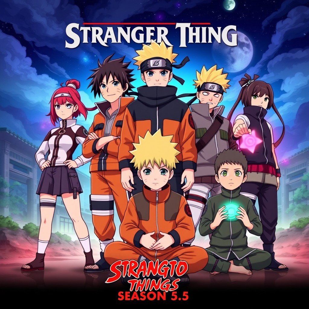 The main cast of Stranger Things from Season 5 reimagined as characters from the Naruto universe, depicted in a dynamic and colorful anime art style