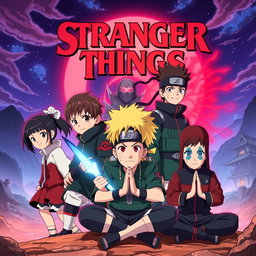The main cast of Stranger Things from Season 5 reimagined as characters from the Naruto universe, depicted in a dynamic and colorful anime art style
