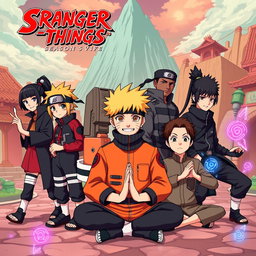 The main cast of Stranger Things from Season 5 reimagined as characters from the Naruto universe, depicted in a dynamic and colorful anime art style