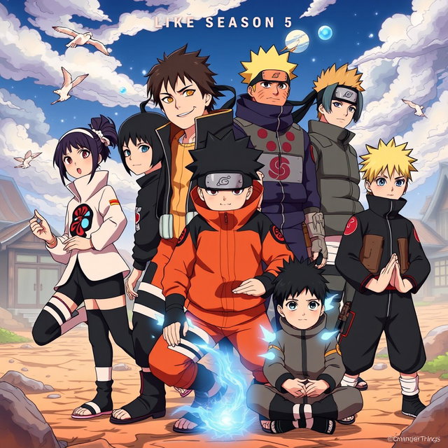 The main cast of Stranger Things from Season 5 reimagined as characters from the Naruto universe, depicted in a dynamic and colorful anime art style