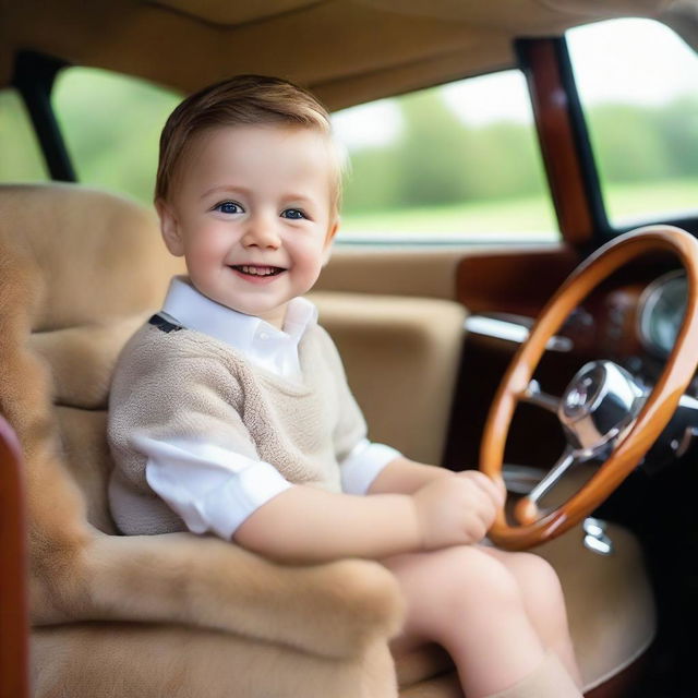 A cheerful boy sitting in the plush seat of a luxurious Rolls Royce, his hands gripping the classic wooden wheel.