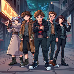 The main cast of Stranger Things depicted in the art style of Jujutsu Kaisen, showcasing dynamic poses and expressive facial features