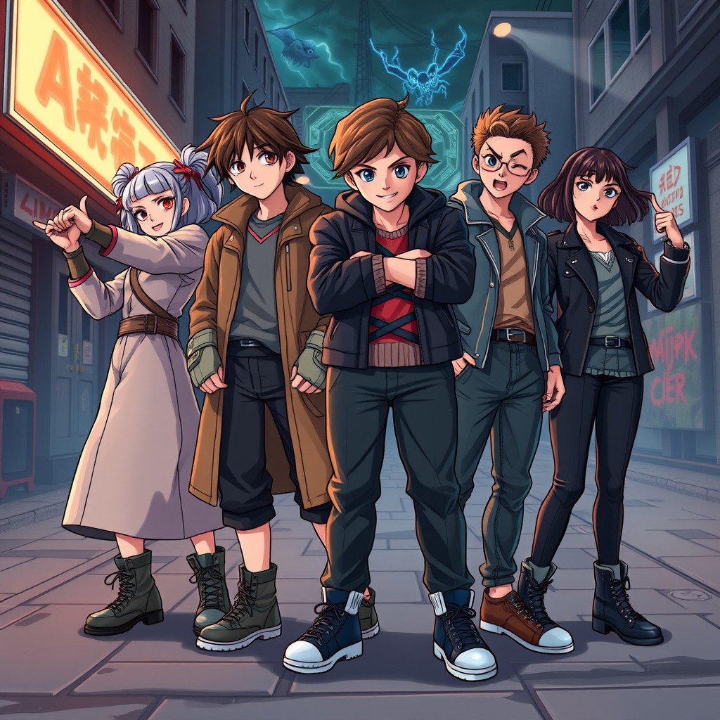 The main cast of Stranger Things depicted in the art style of Jujutsu Kaisen, showcasing dynamic poses and expressive facial features