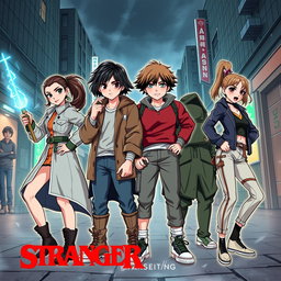 The main cast of Stranger Things depicted in the art style of Jujutsu Kaisen, showcasing dynamic poses and expressive facial features