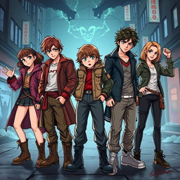 The main cast of Stranger Things depicted in the art style of Jujutsu Kaisen, showcasing dynamic poses and expressive facial features