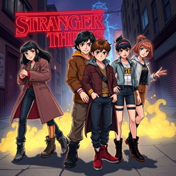 The main cast of Stranger Things depicted in the art style of Jujutsu Kaisen, showcasing dynamic poses and expressive facial features