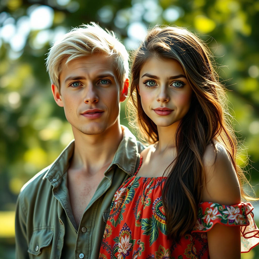 A striking portrait of a blonde-haired man with blue eyes, standing confidently beside a beautiful brown-haired girl with captivating green eyes