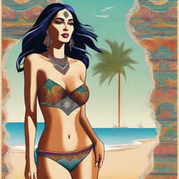 A high-quality digital art piece showcasing a Moroccan woman with a curvaceous figure, adorned in a stylish bikini