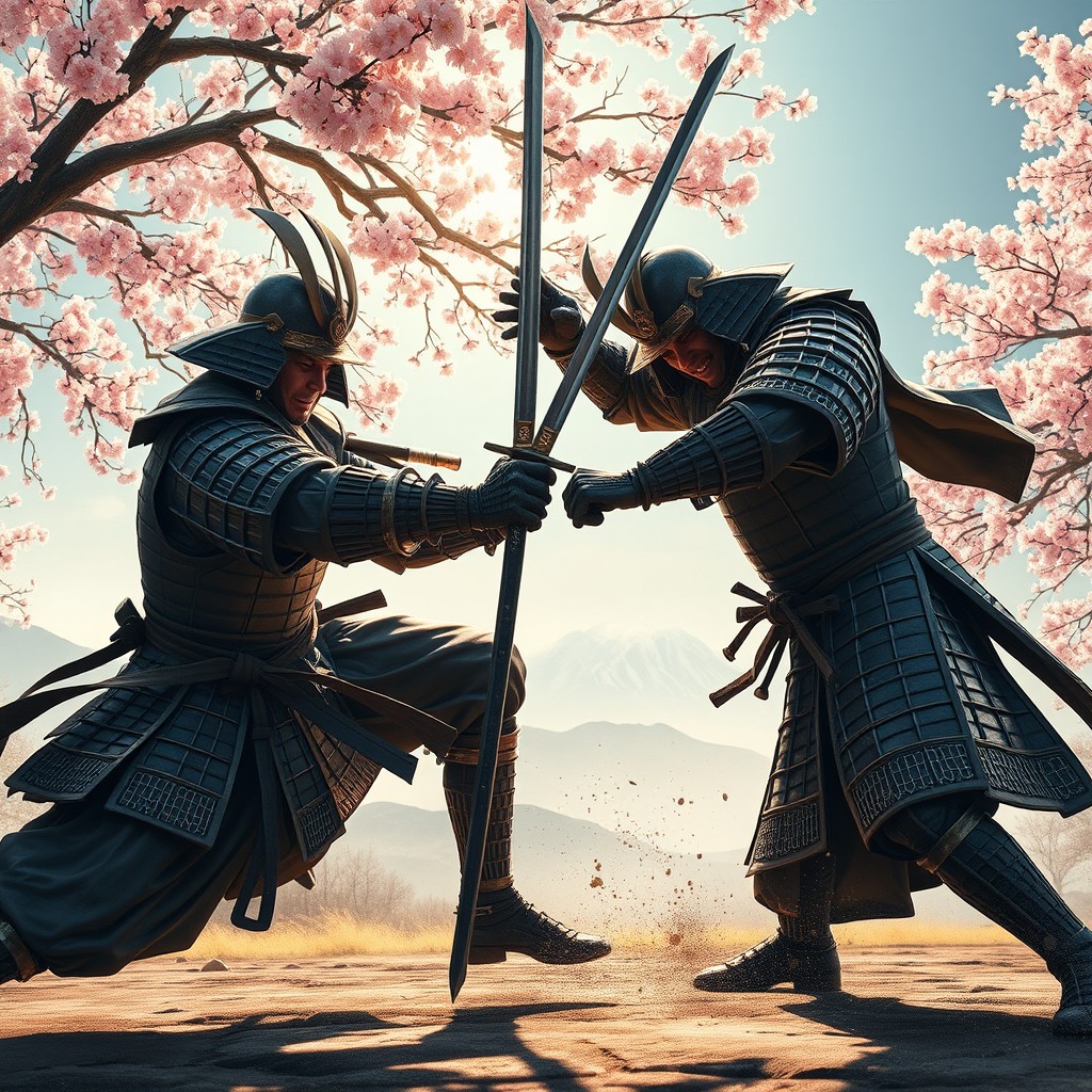 An intense scene depicting two skilled samurai engaged in epic sword fighting, showcasing their agility and skill