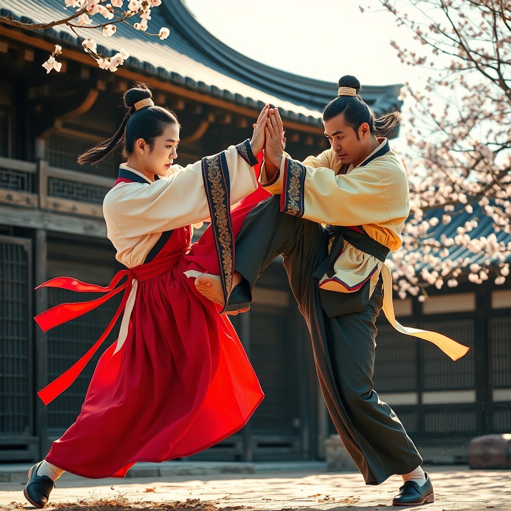 A dynamic scene portraying two traditional Korean martial artists in the midst of a fierce combat display