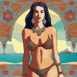 A high-quality digital art piece showcasing a Moroccan woman with a curvaceous figure, adorned in a stylish bikini