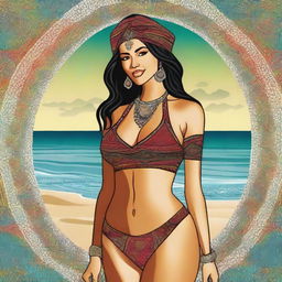 A high-quality digital art piece showcasing a Moroccan woman with a curvaceous figure, adorned in a stylish bikini