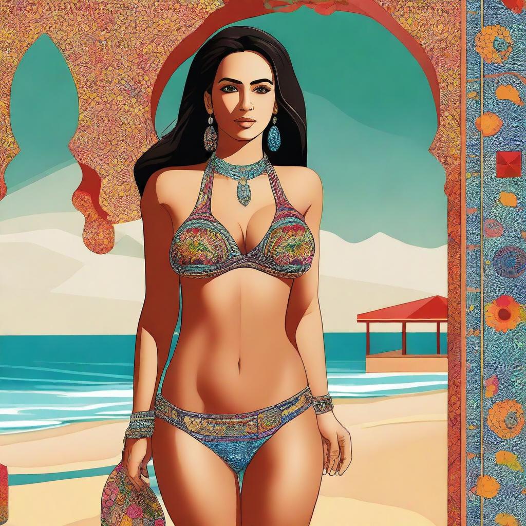 A high-quality digital art piece showcasing a Moroccan woman with a curvaceous figure, adorned in a stylish bikini