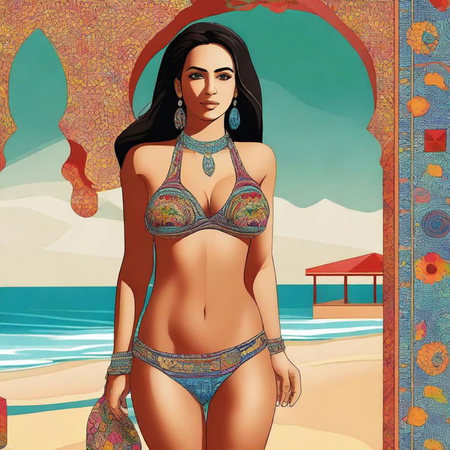 A high-quality digital art piece showcasing a Moroccan woman with a curvaceous figure, adorned in a stylish bikini