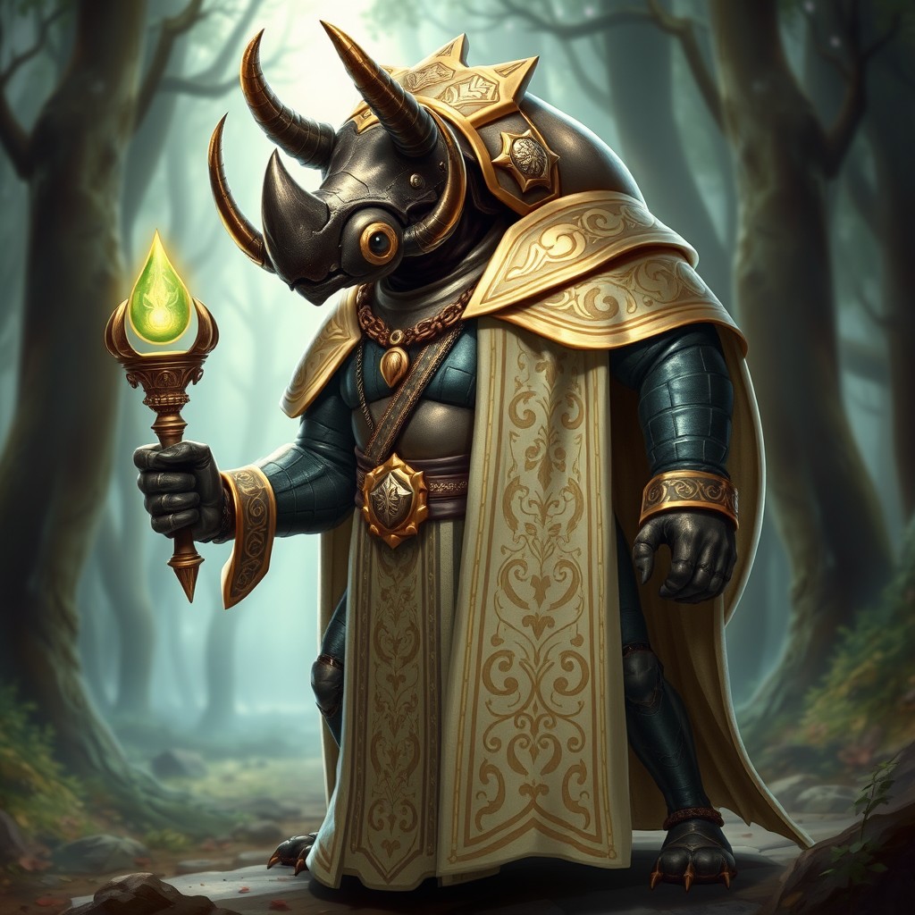 A humanoid rhinoceros beetle clad in ornate priestly regalia, showcasing a beautifully detailed shell that glimmers in the light