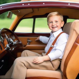 A cheerful boy sitting in the plush seat of a luxurious Rolls Royce, his hands gripping the classic wooden wheel.