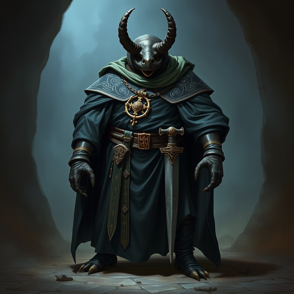 A humanoid rhinoceros beetle dressed in dark cleric robes that flow elegantly around its robust body