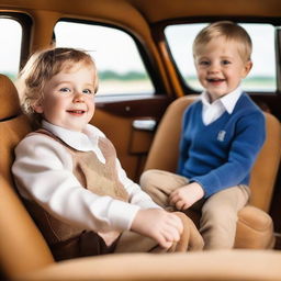 A cheerful boy sitting in the plush seat of a luxurious Rolls Royce, his hands gripping the classic wooden wheel.