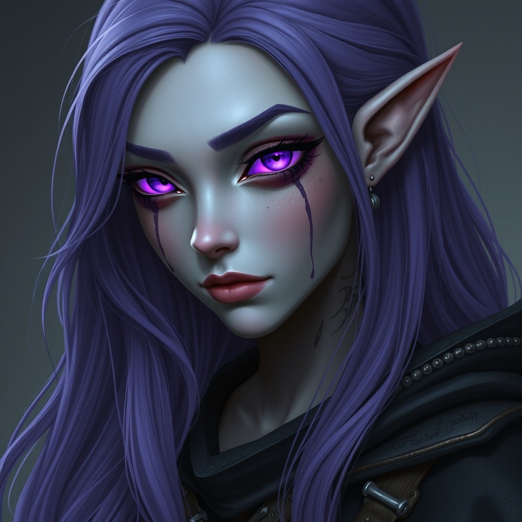 A Shadar-kai elf character with smooth ashen-gray skin and long, flowing violet-purple hair that cascades in loose waves around her face