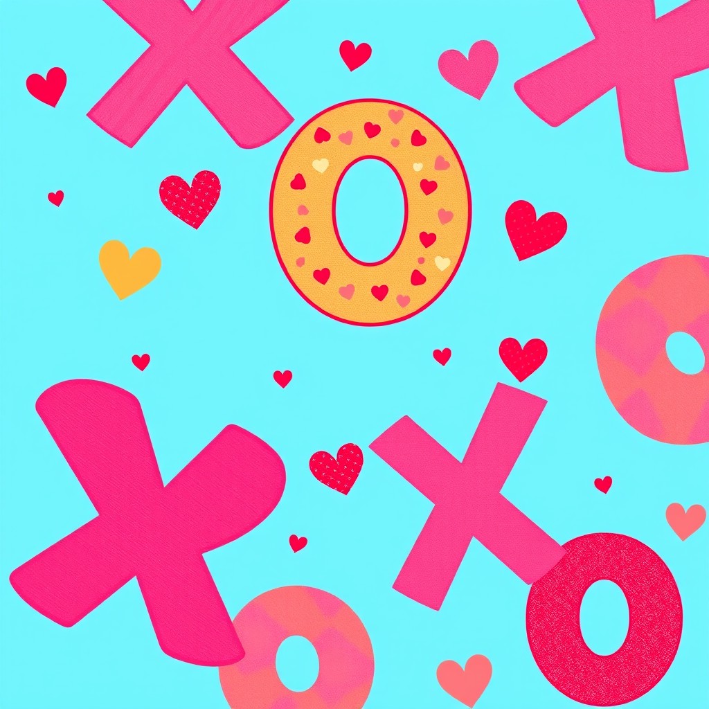 A vibrant and playful illustration featuring multiple large, bold 'XO' letters scattered across a bright blue background