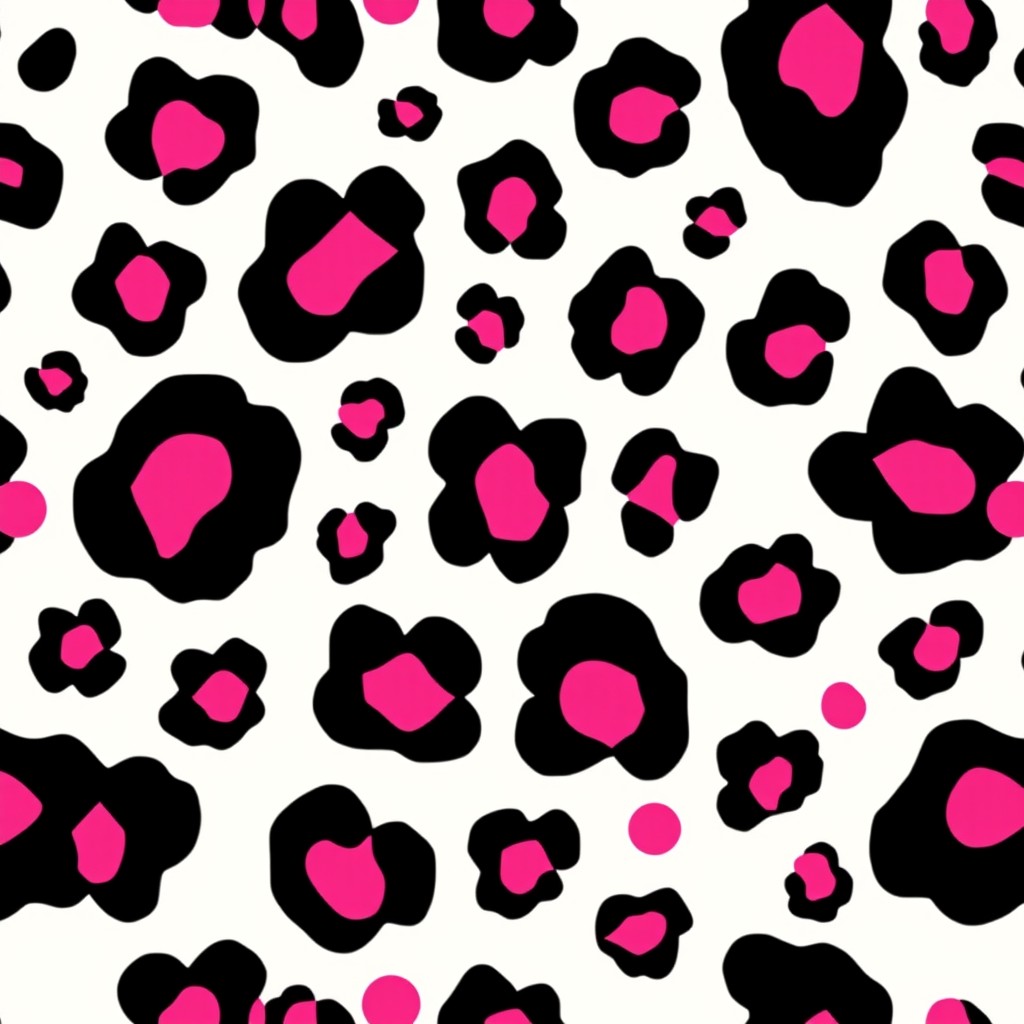 A vibrant and stylish pattern featuring pink and black cheetah spots on a soft white background