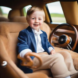 A cheerful boy sitting in the plush seat of a luxurious Rolls Royce, his hands gripping the classic wooden wheel.