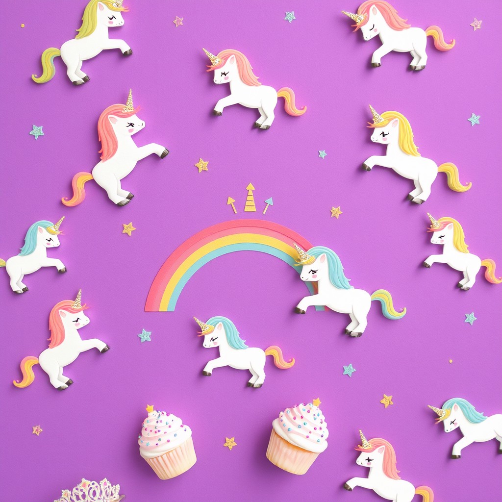 A whimsical purple background adorned with playful illustrations of mini unicorns, each with colorful manes and sparkling horns