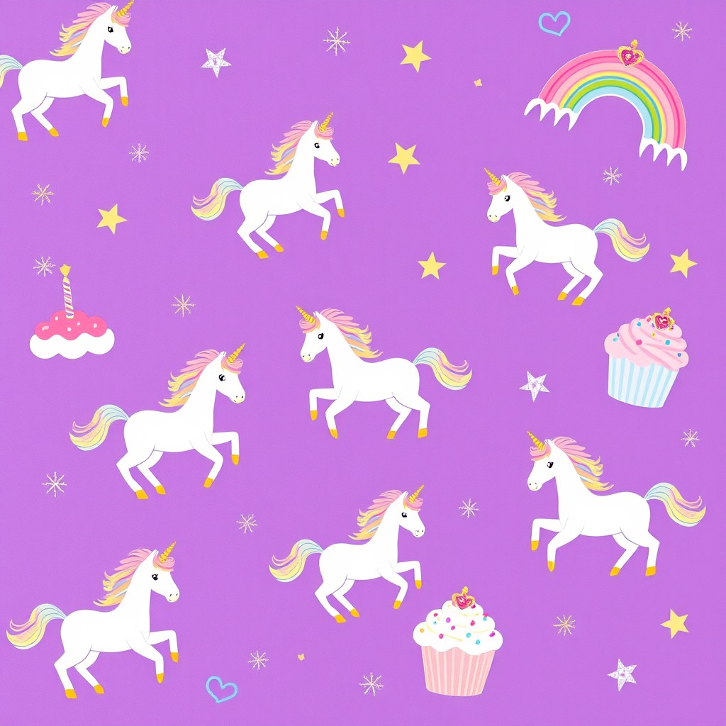 A whimsical purple background filled with enchanting mini unicorns prancing playfully
