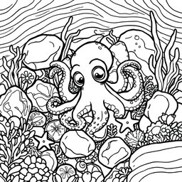 A detailed black line drawing suitable for a coloring page featuring a tiny octopus nestled amidst colorful tide pool rocks and seaweed