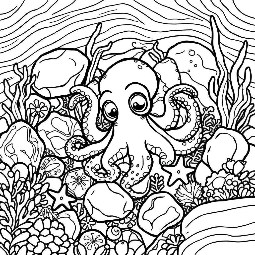 A detailed black line drawing suitable for a coloring page featuring a tiny octopus nestled amidst colorful tide pool rocks and seaweed