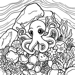 A detailed black line drawing suitable for a coloring page featuring a tiny octopus nestled amidst colorful tide pool rocks and seaweed