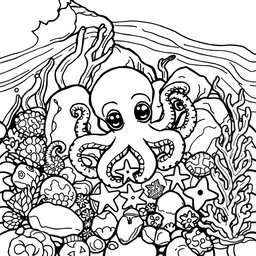 A detailed black line drawing suitable for a coloring page featuring a tiny octopus nestled amidst colorful tide pool rocks and seaweed