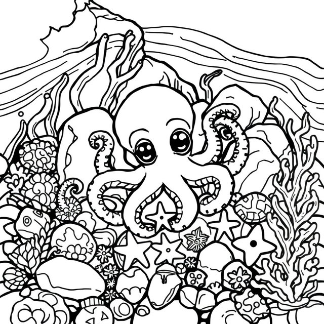 A detailed black line drawing suitable for a coloring page featuring a tiny octopus nestled amidst colorful tide pool rocks and seaweed