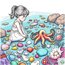 A beautifully detailed adult coloring page featuring a tiny octopus in a tide pool, accompanied by a small girl kneeling beside it, exploring the vibrant marine life