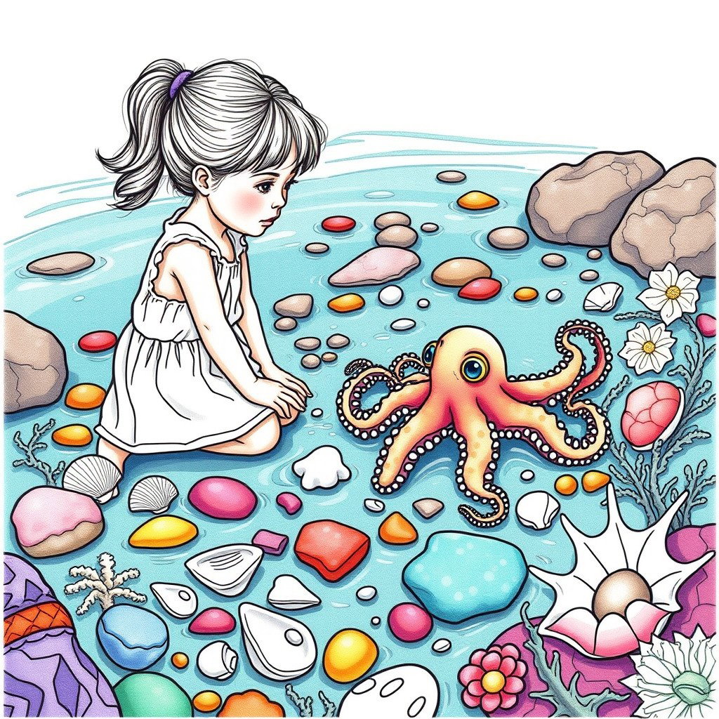 A beautifully detailed adult coloring page featuring a tiny octopus in a tide pool, accompanied by a small girl kneeling beside it, exploring the vibrant marine life