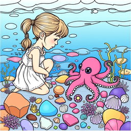 A beautifully detailed adult coloring page featuring a tiny octopus in a tide pool, accompanied by a small girl kneeling beside it, exploring the vibrant marine life