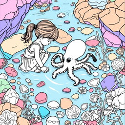 A beautifully detailed adult coloring page featuring a tiny octopus in a tide pool, accompanied by a small girl kneeling beside it, exploring the vibrant marine life