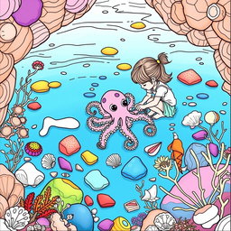 A beautifully detailed adult coloring page featuring a tiny octopus in a tide pool, accompanied by a small girl kneeling beside it, exploring the vibrant marine life