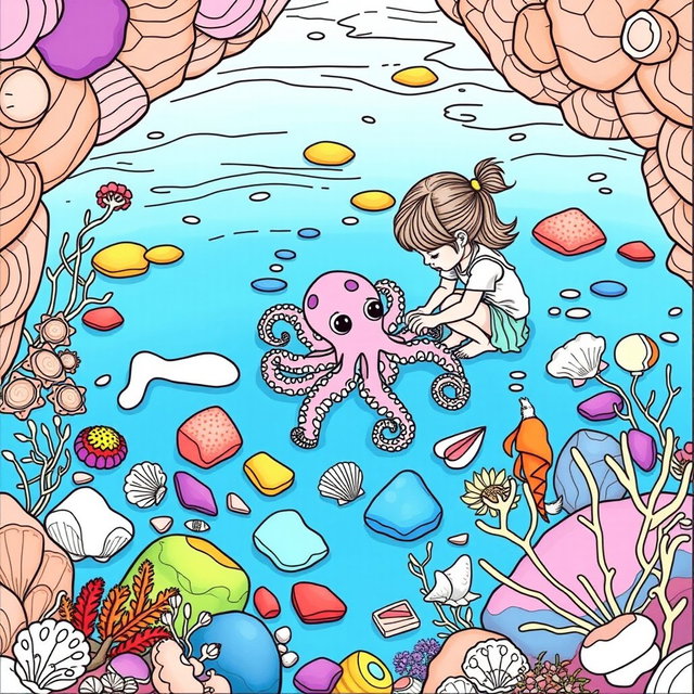 A beautifully detailed adult coloring page featuring a tiny octopus in a tide pool, accompanied by a small girl kneeling beside it, exploring the vibrant marine life