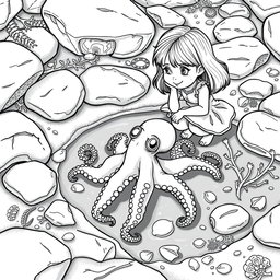 A realistic black and white adult coloring page depicting a tiny octopus in a tide pool, with a small girl kneeling beside it, engaged with its surroundings