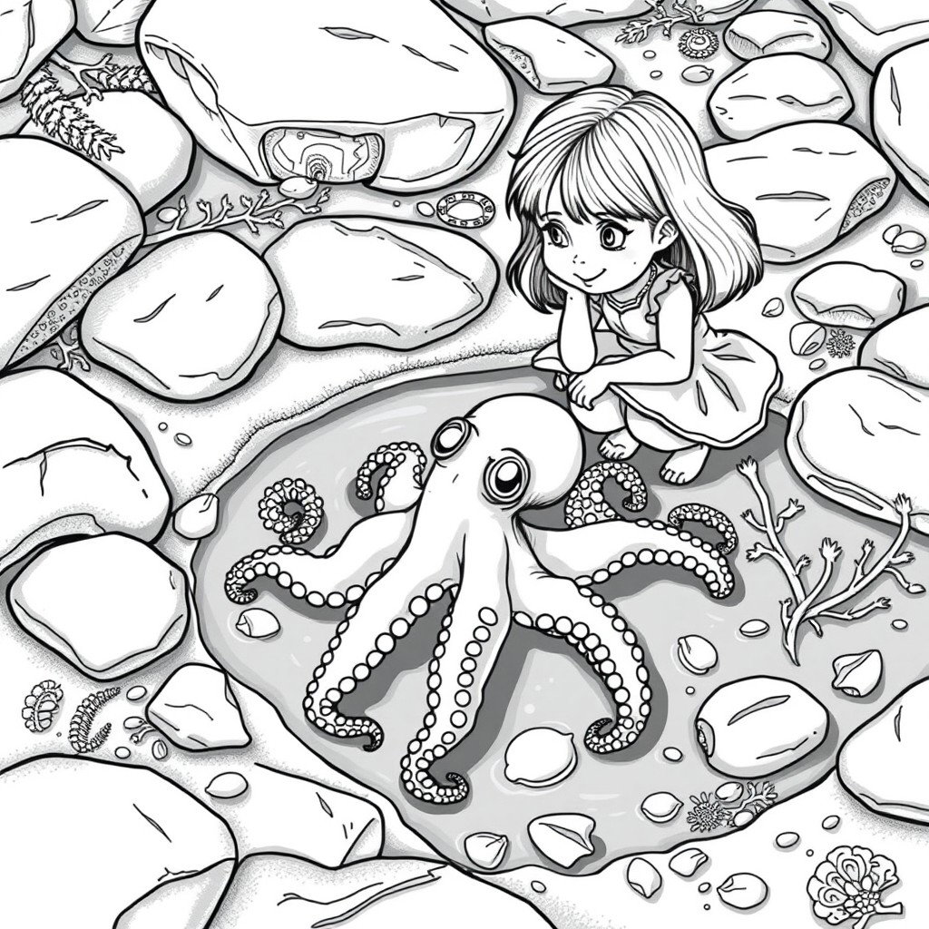 A realistic black and white adult coloring page depicting a tiny octopus in a tide pool, with a small girl kneeling beside it, engaged with its surroundings