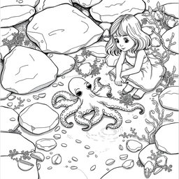 A realistic black and white adult coloring page depicting a tiny octopus in a tide pool, with a small girl kneeling beside it, engaged with its surroundings