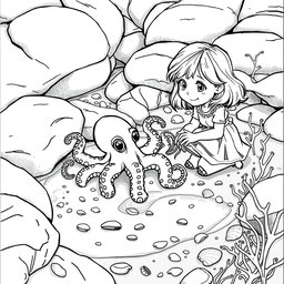 A realistic black and white adult coloring page depicting a tiny octopus in a tide pool, with a small girl kneeling beside it, engaged with its surroundings