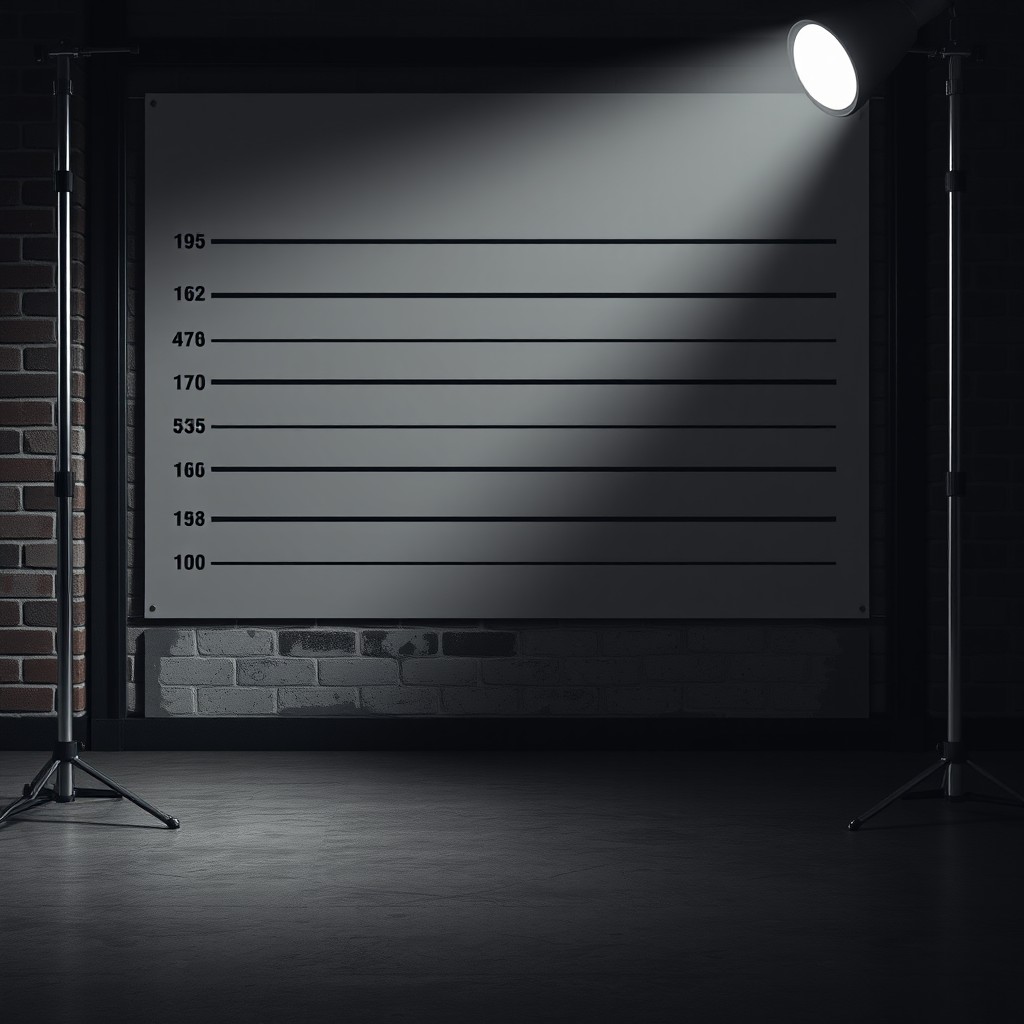 A dramatic and striking mugshot backdrop, featuring a classic police station setting that includes height markers and a clean, simple design