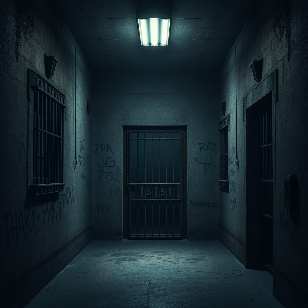 A gritty and atmospheric jailhouse design background, featuring the interior of a classic prison setting