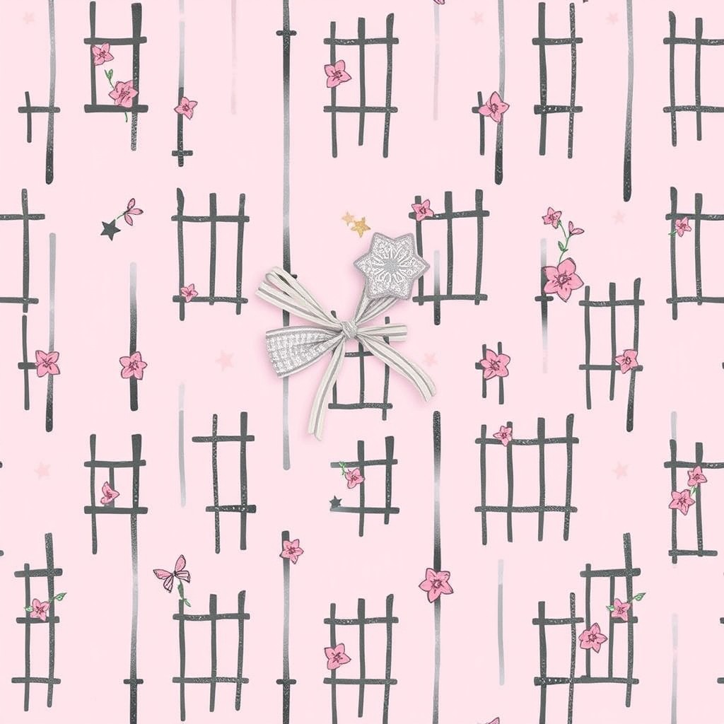 A whimsical design for wrapping paper featuring pink jail bars as the central motif