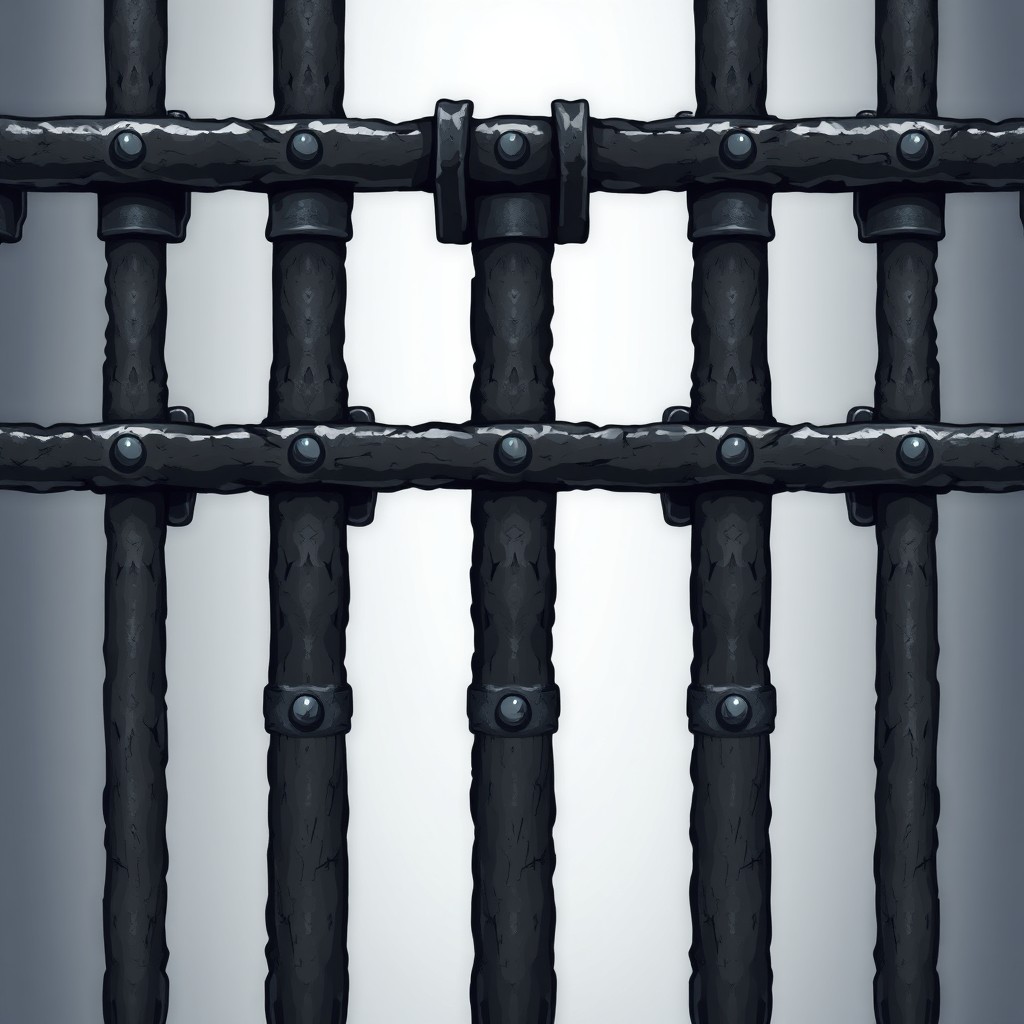 A detailed illustration of jail bars, showcasing a series of thick, dark iron bars arranged vertically