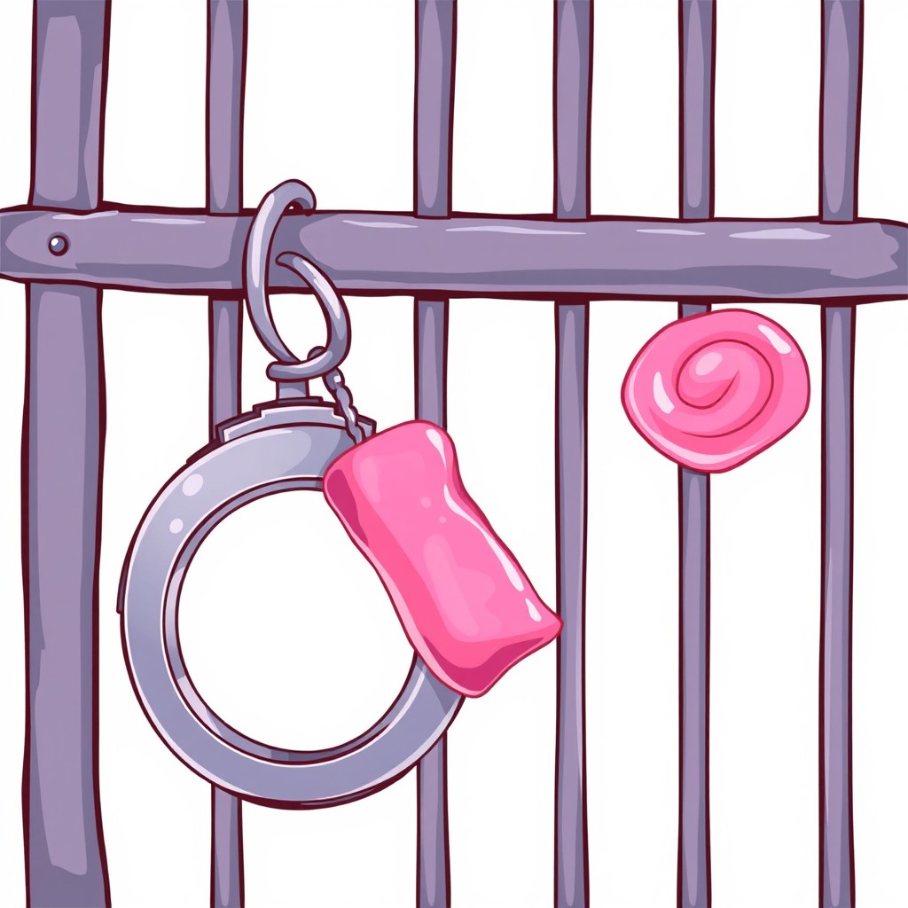 A whimsical and colorful illustration featuring jail bars with handcuffs and a piece of bubblegum integrated into the scene
