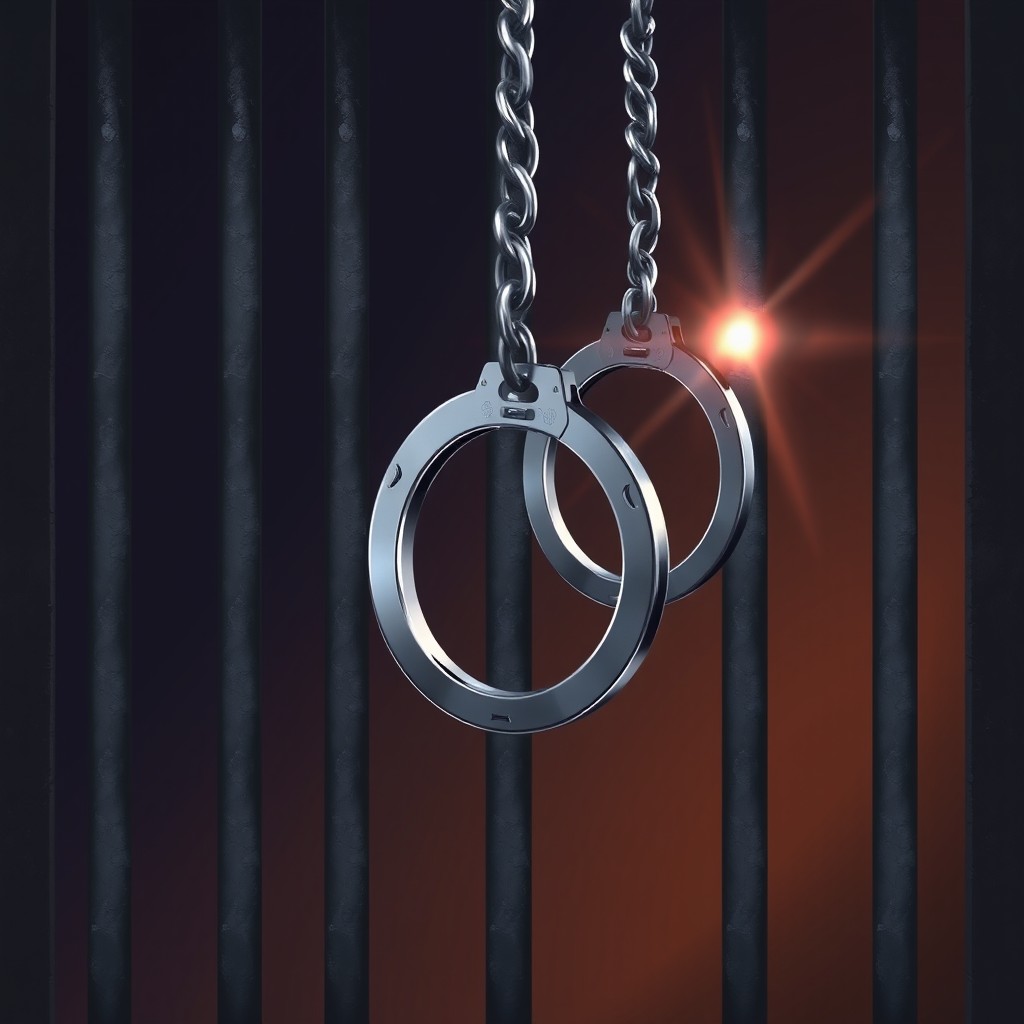 An artistic illustration featuring a background of jail bars with handcuffs integrated into the scene