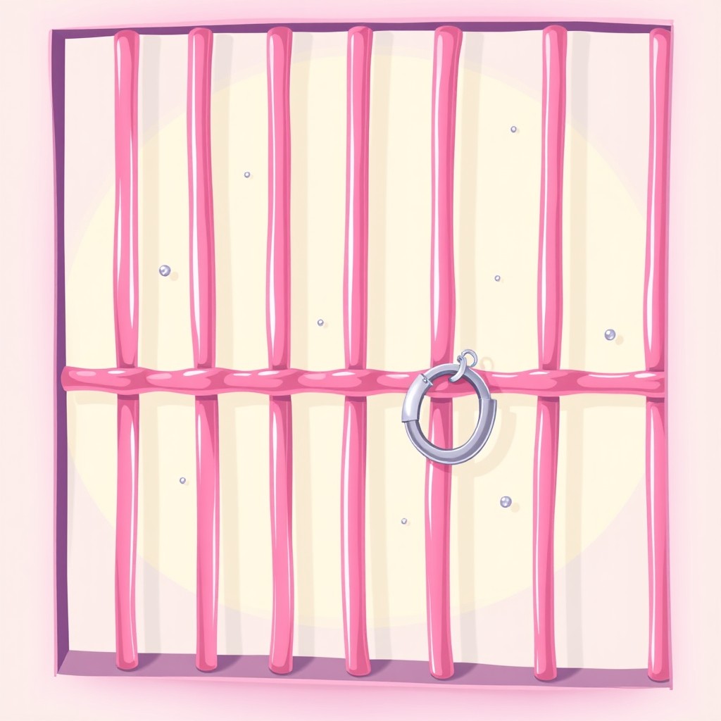 A playful and vibrant illustration of pink jail bars featuring mini handcuffs integrated into the design